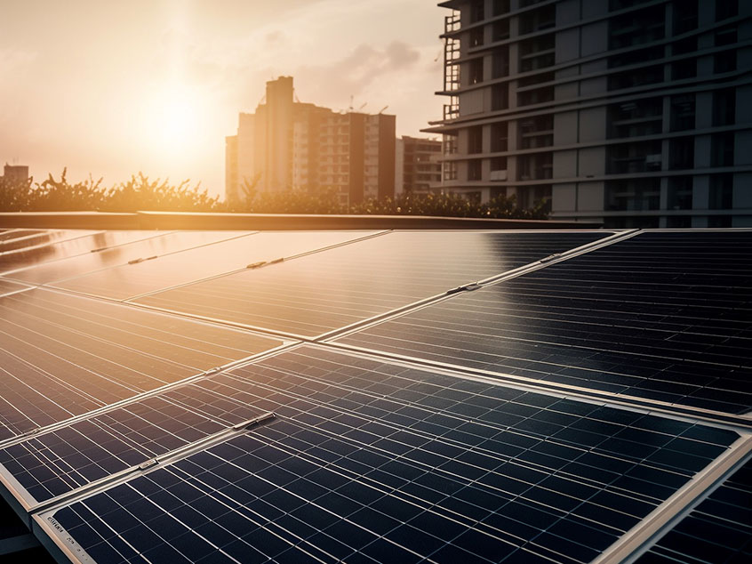 Panneaux solaires installés sur la toiture d’un bâtiment urbain