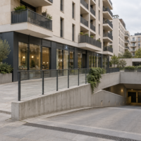 Illustration de la division en volumes : logements, locaux vitrés et accès au parking